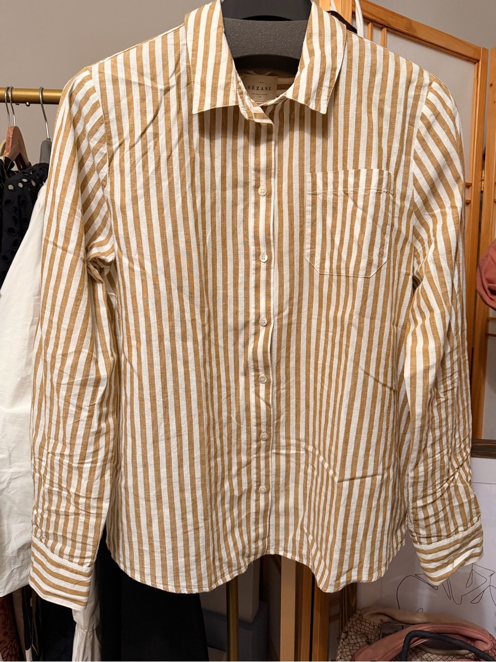 Sezane Tomboy Shirt in Ecru-Camel Stripe